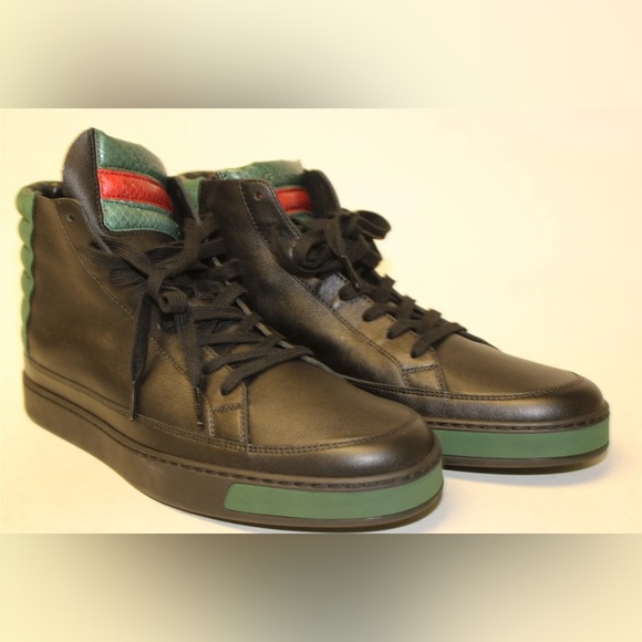 NWT Gucci Men’s Black and Green Snakeskin & Leather Sneakers 368423 - US Sz 10.5 - Picture 2 of 16